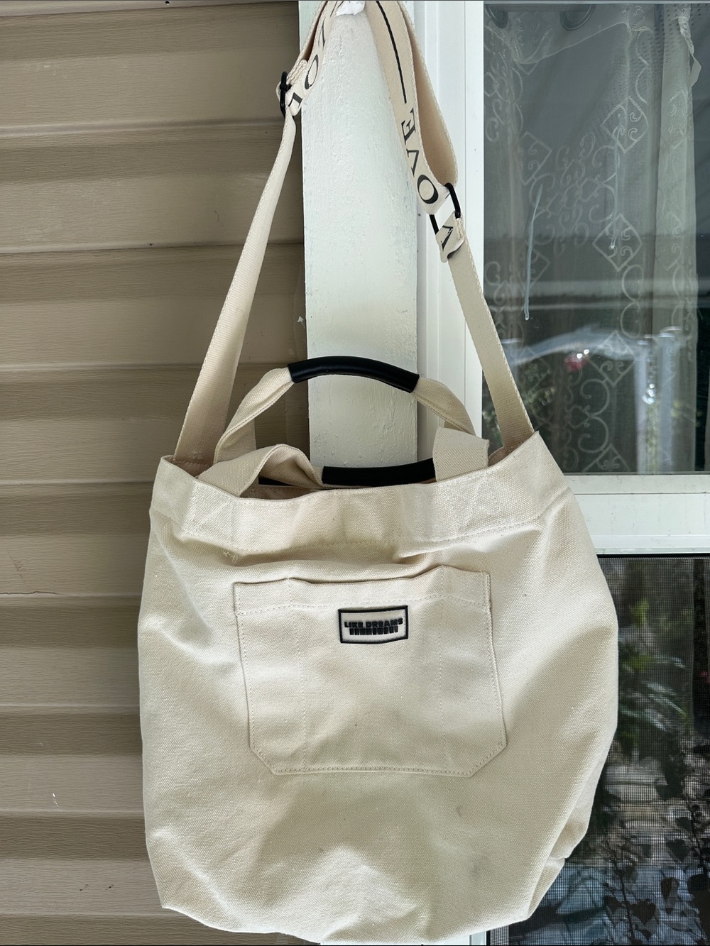 Neutral Cream Canvas Tote with Front Pocket — Everyday Shoulder Bag